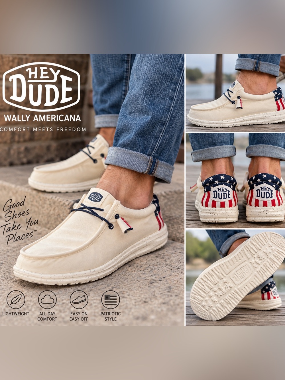 HEYDUDE Wally Americana Patriotic Slip On Shoes Men’s 8 Off White